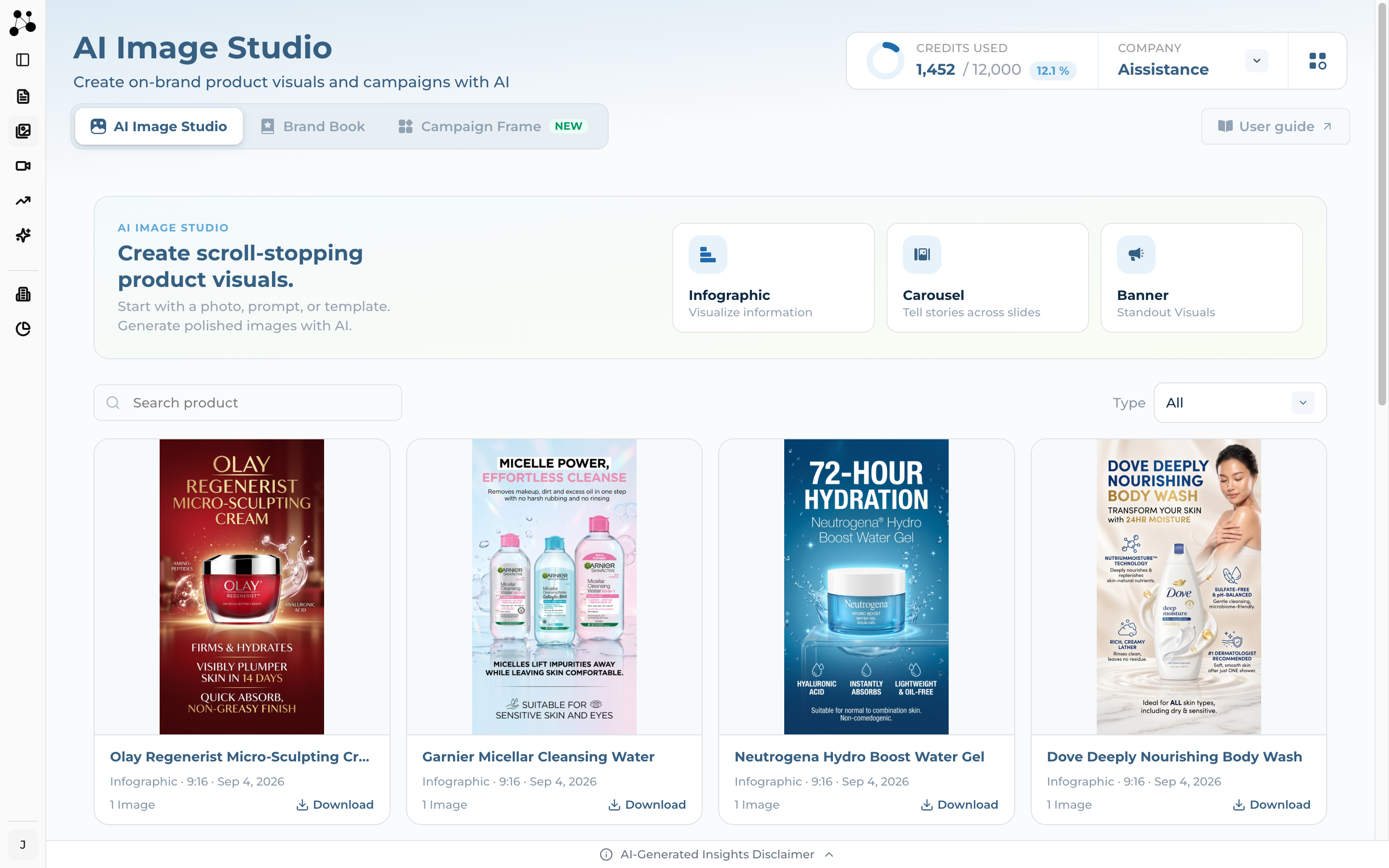The AI Image Studio landing screen with three format cards and the saved-image gallery below