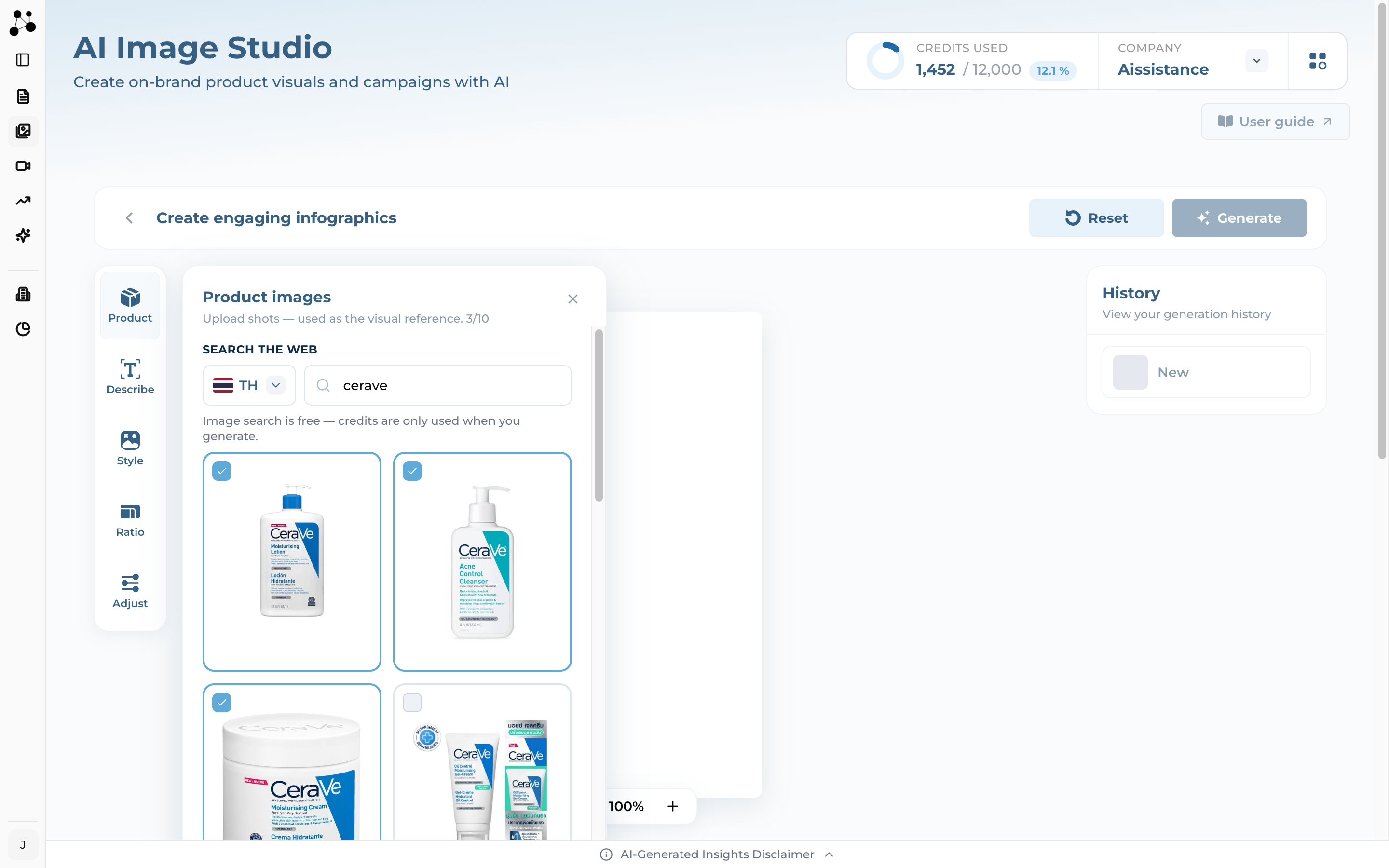 The Product tool panel open beside the canvas, showing web image search above a file upload dropzone
