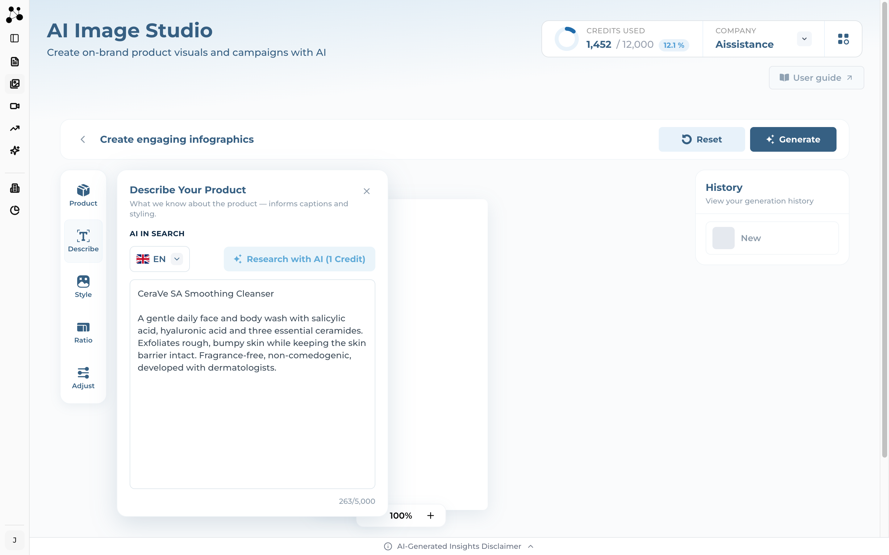 The Describe Your Product panel with an output-language picker, a Research with AI button and a description box
