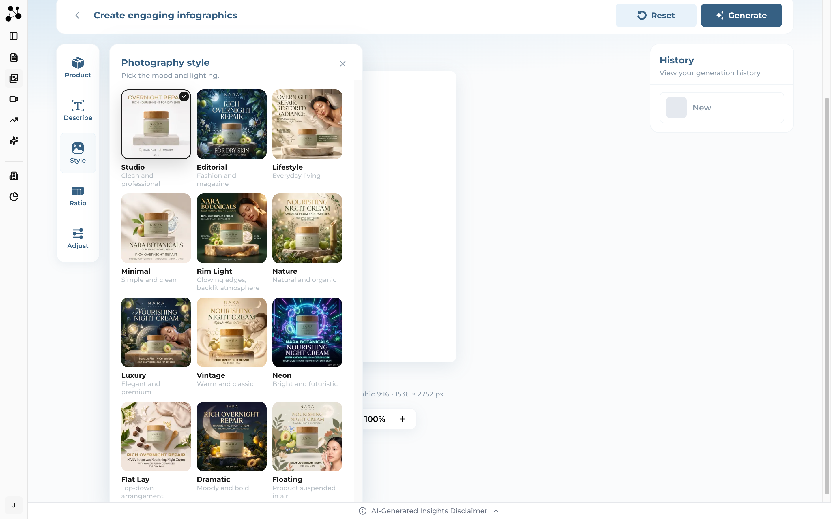 The Photography style panel showing a grid of twelve style tiles, each with a preview image and a short description
