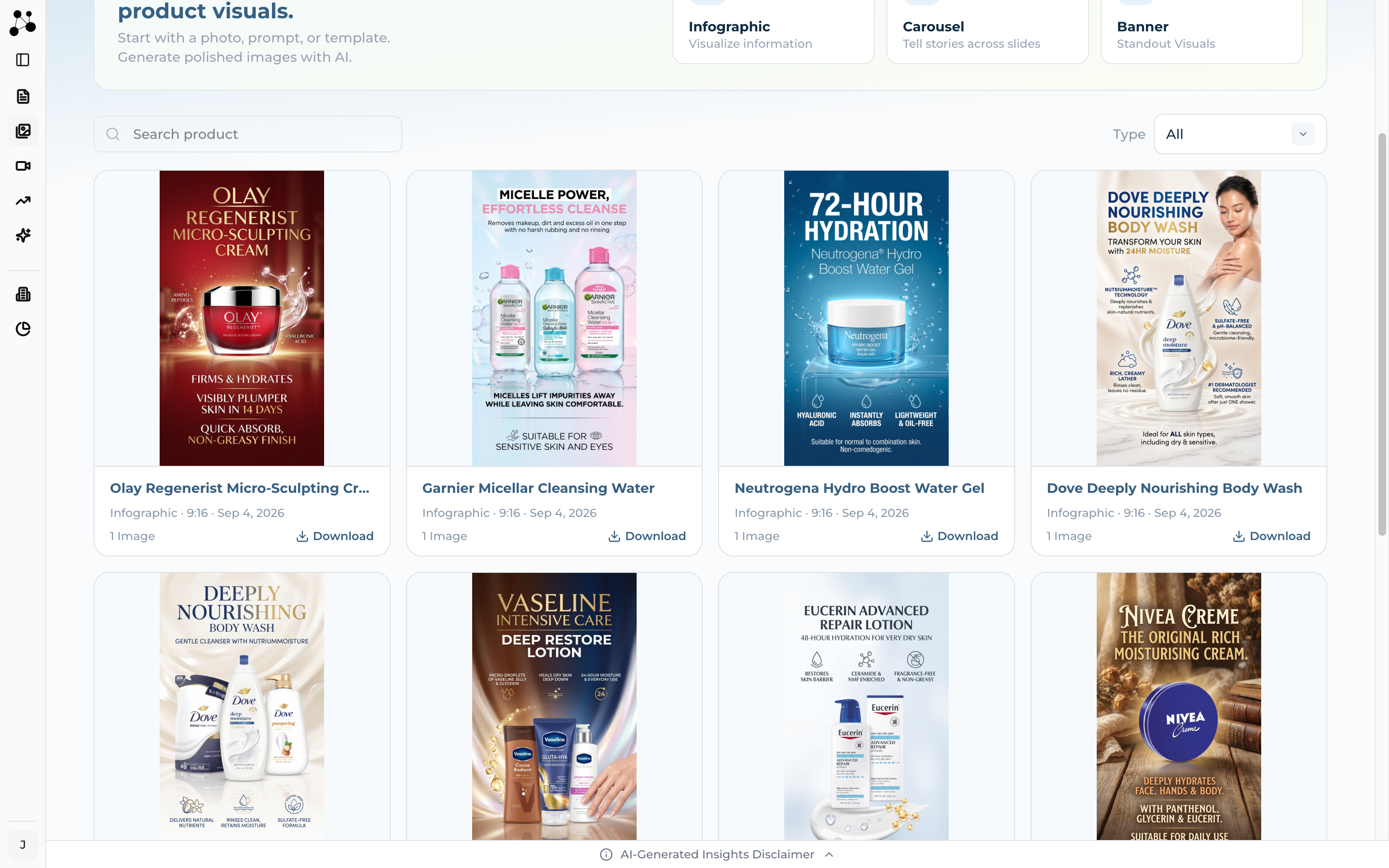 The saved-image gallery on the landing screen with a search box, a Type filter and download buttons on each card